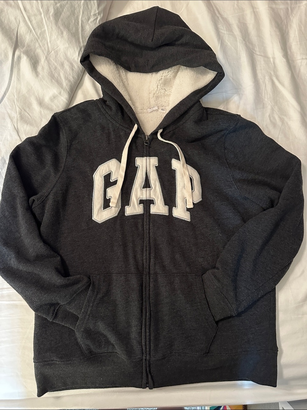 GAP Logo Charcoal Zip-Up Hoodie with White Sherpa Lining